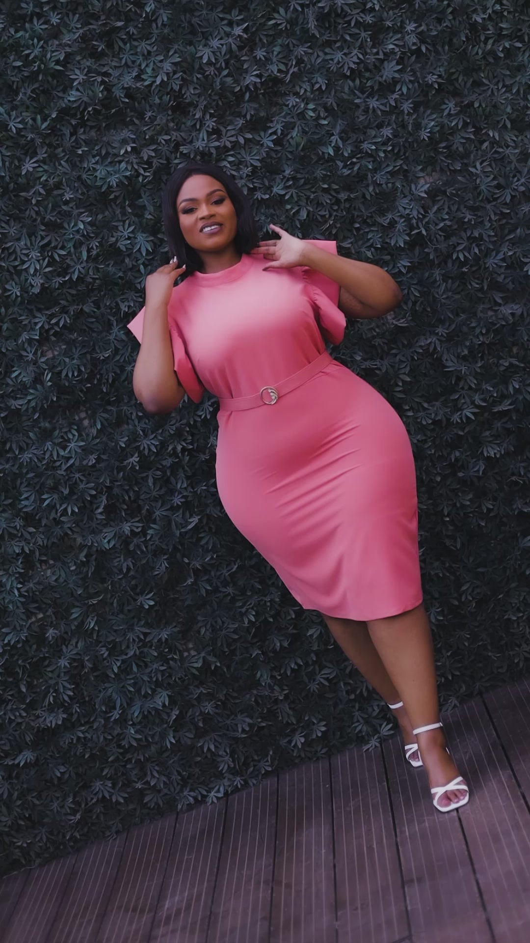 Coral Pink Ruffle Sleeves Pencil Dress