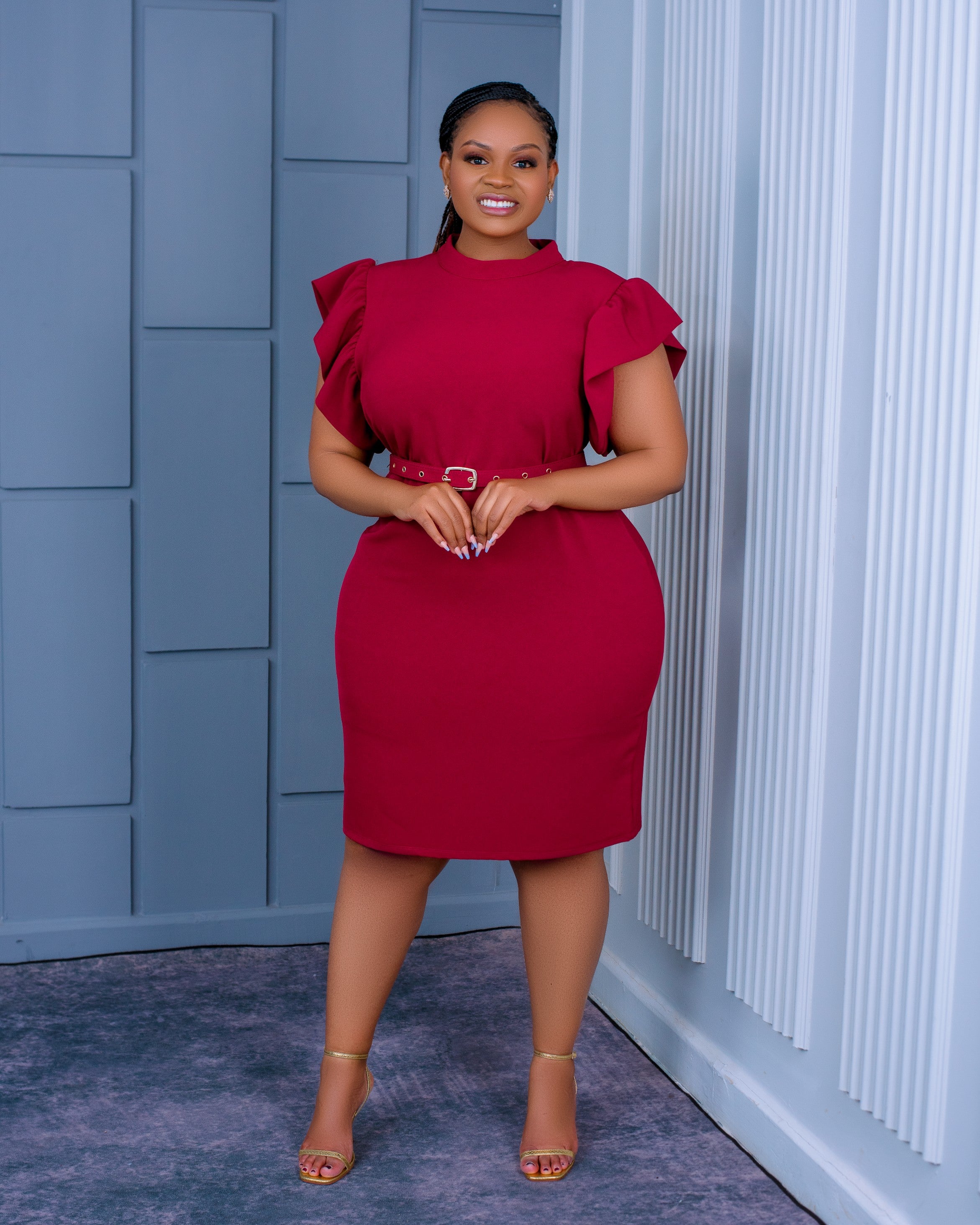 Berry Maroon Belted Pencil Dress with Flutter Sleeves – Chic & Powerful