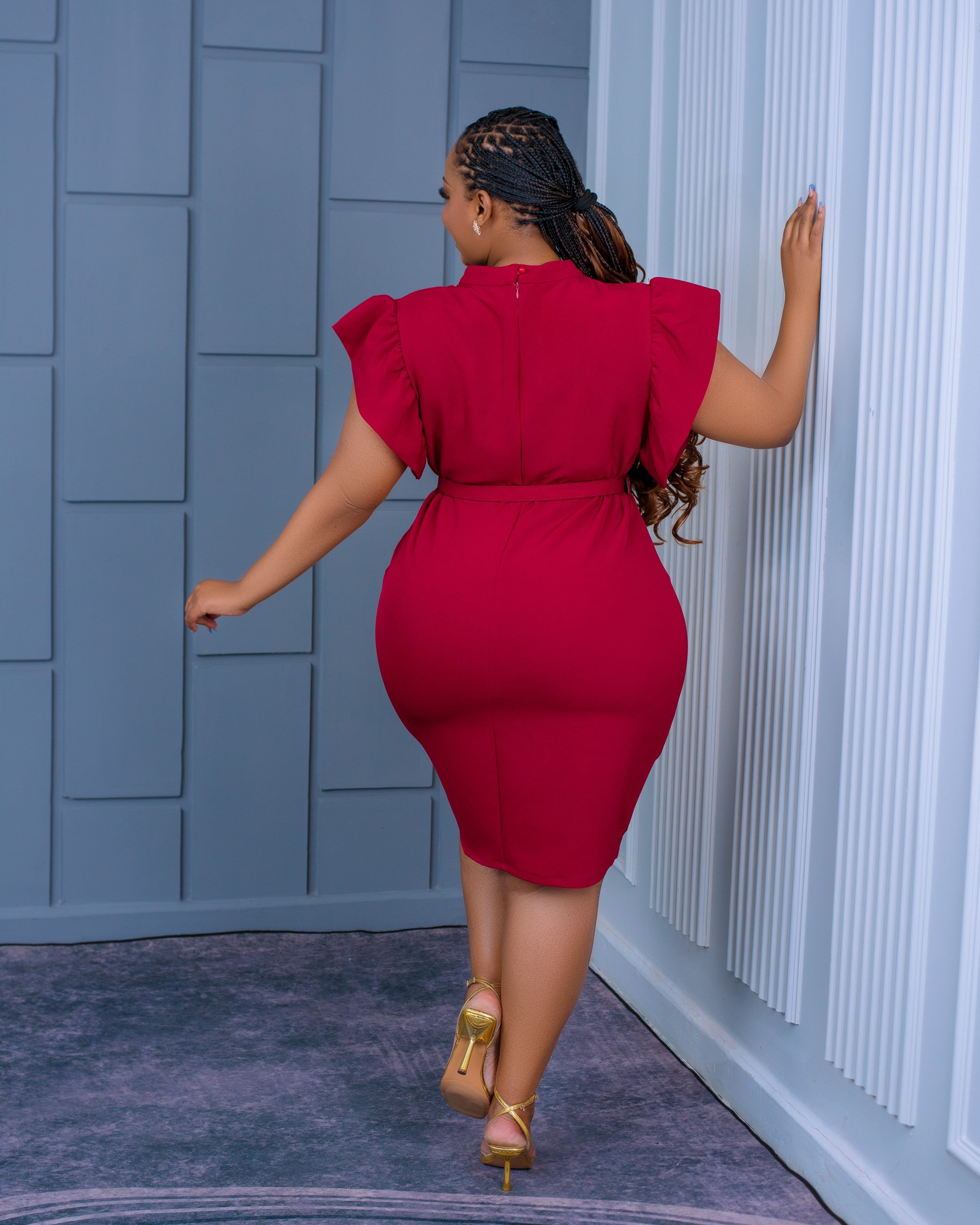 Berry Maroon Belted Pencil Dress with Flutter Sleeves – Chic & Powerful