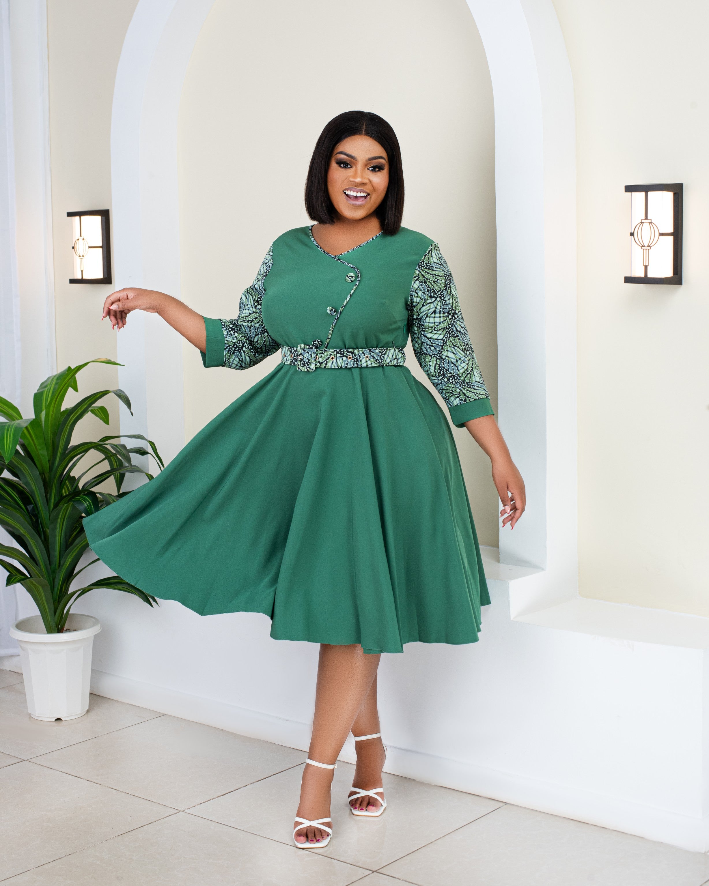Emerald Enchantress Belted Fit & Flare Dress – Grace Meets Glamour
