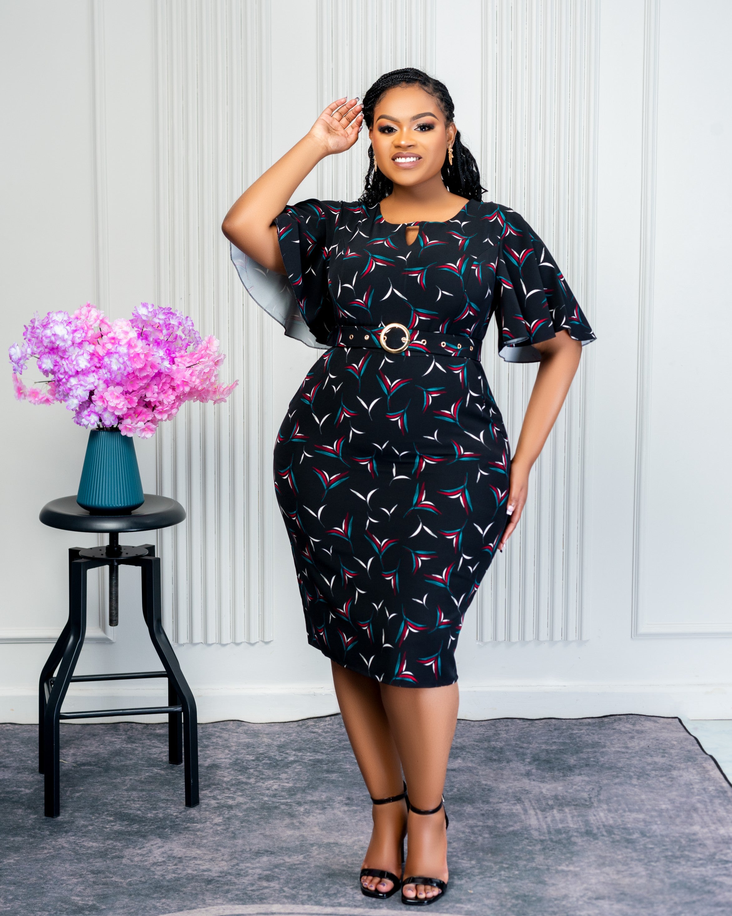 Floral Belted Midi Plus size Dress