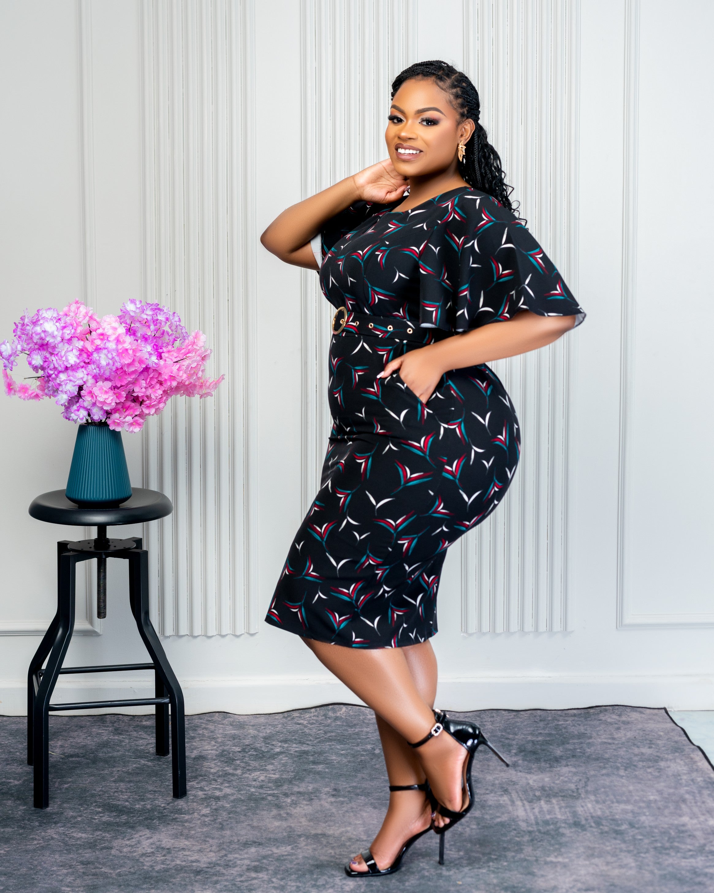 Floral Belted Midi Plus size Dress