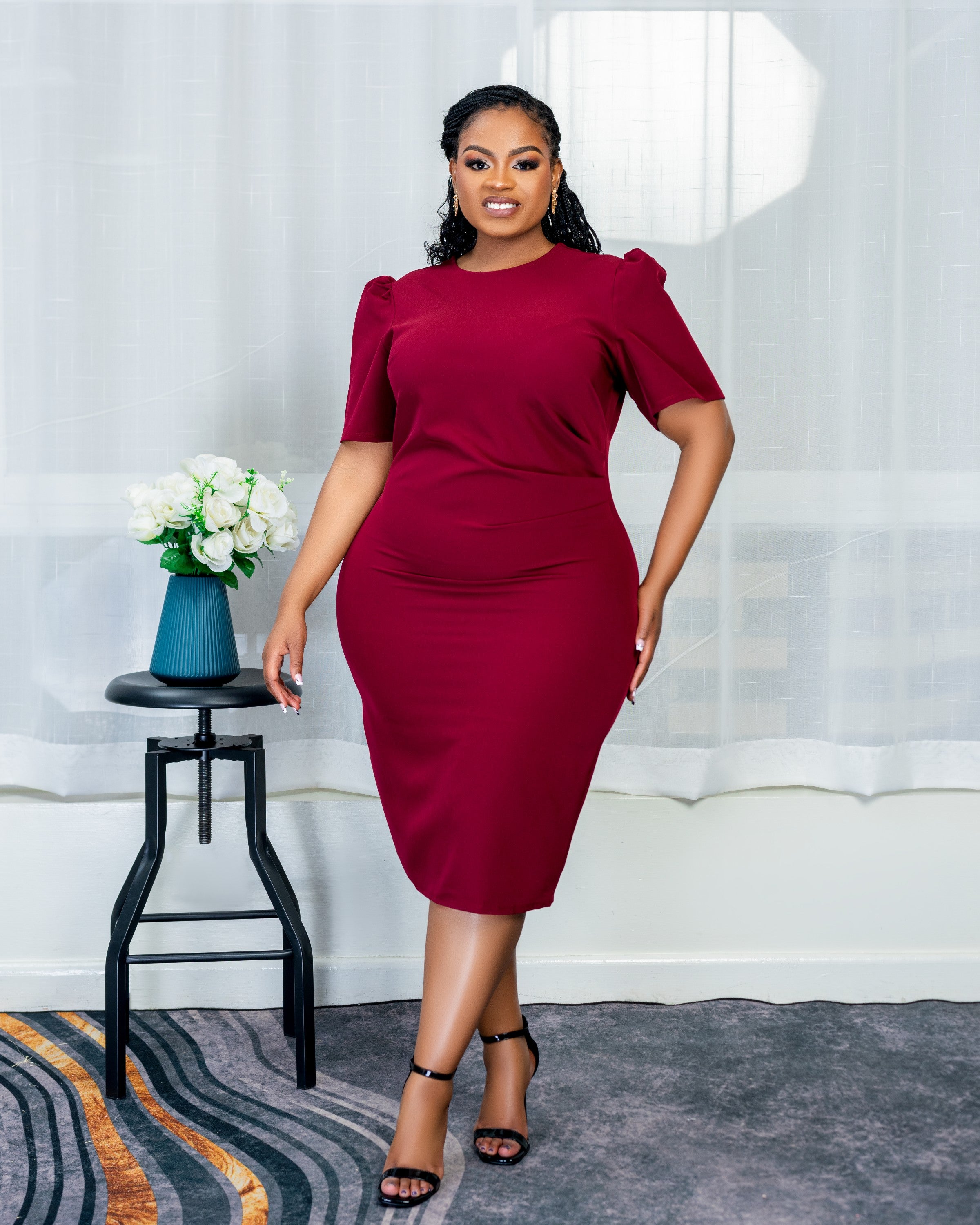Maroon Pencil Dress with Back Slit & Side Waist Gather – Chic & Elegant