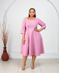 Blush Pink Midi Skater Dress with Sleeves – Square Neckline, Elegant Modest Fit