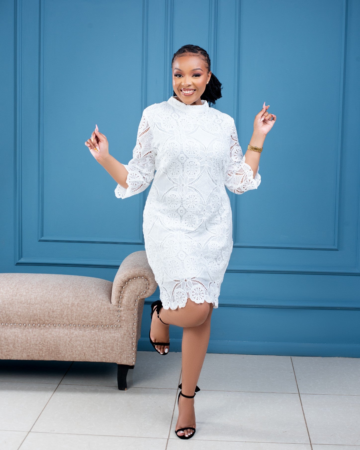 White embroidery classic dress