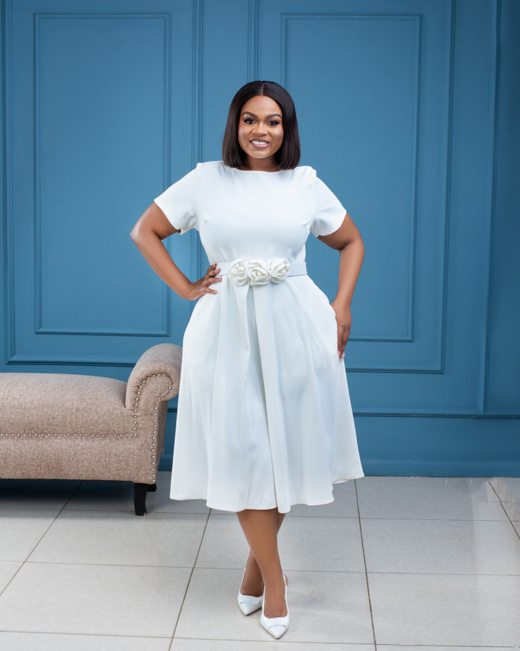 Fit and flare Skater Midi dress with Rosette belt