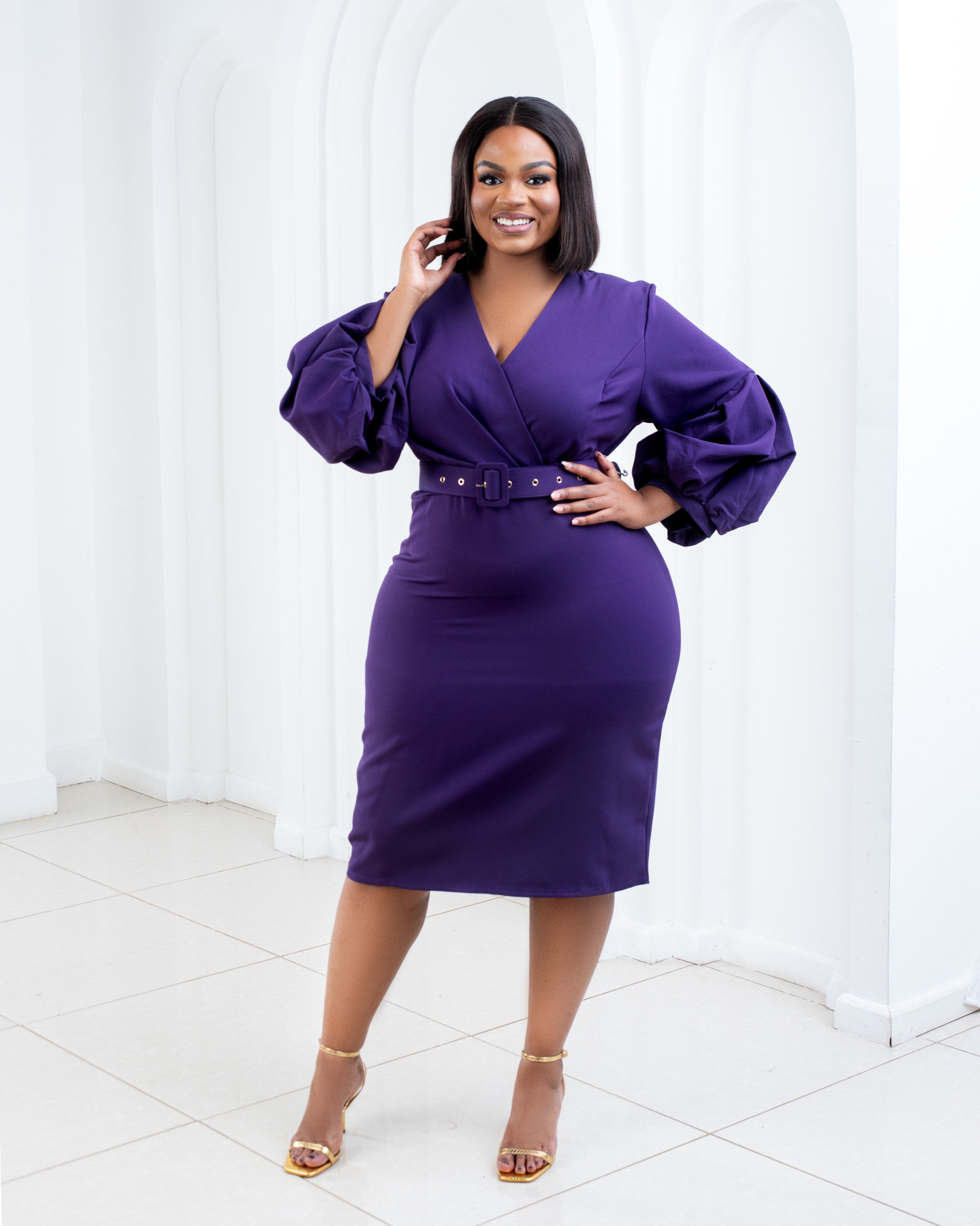 Navy blue Wrap Belted Dress with Balloon Sleeves