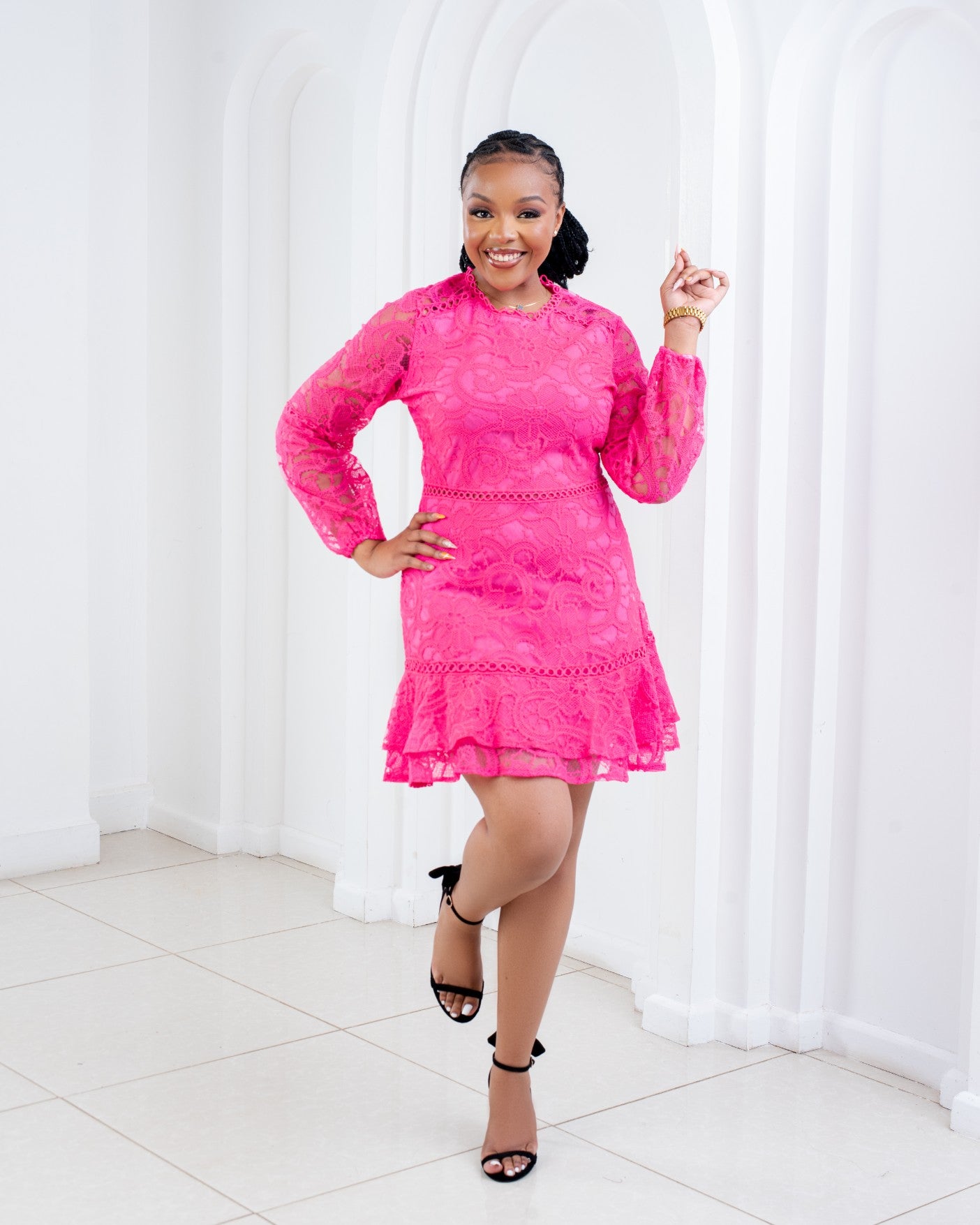 Pink lace embroidery fishtail hem detail