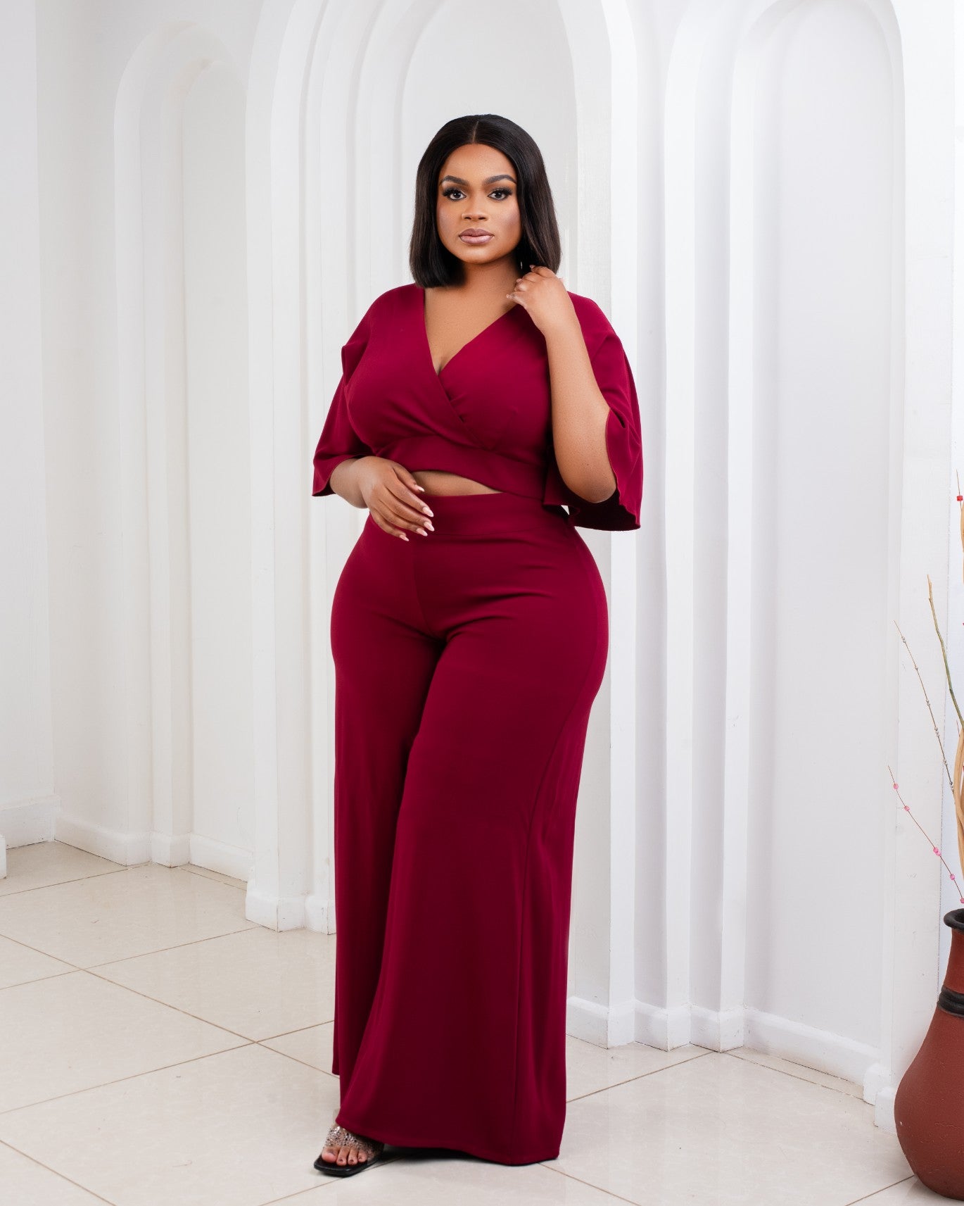 Maroon 2-Piece Wide-Leg Pants Set with Cape Sleeve Crop Top – Plus Size Boss Babe Fit