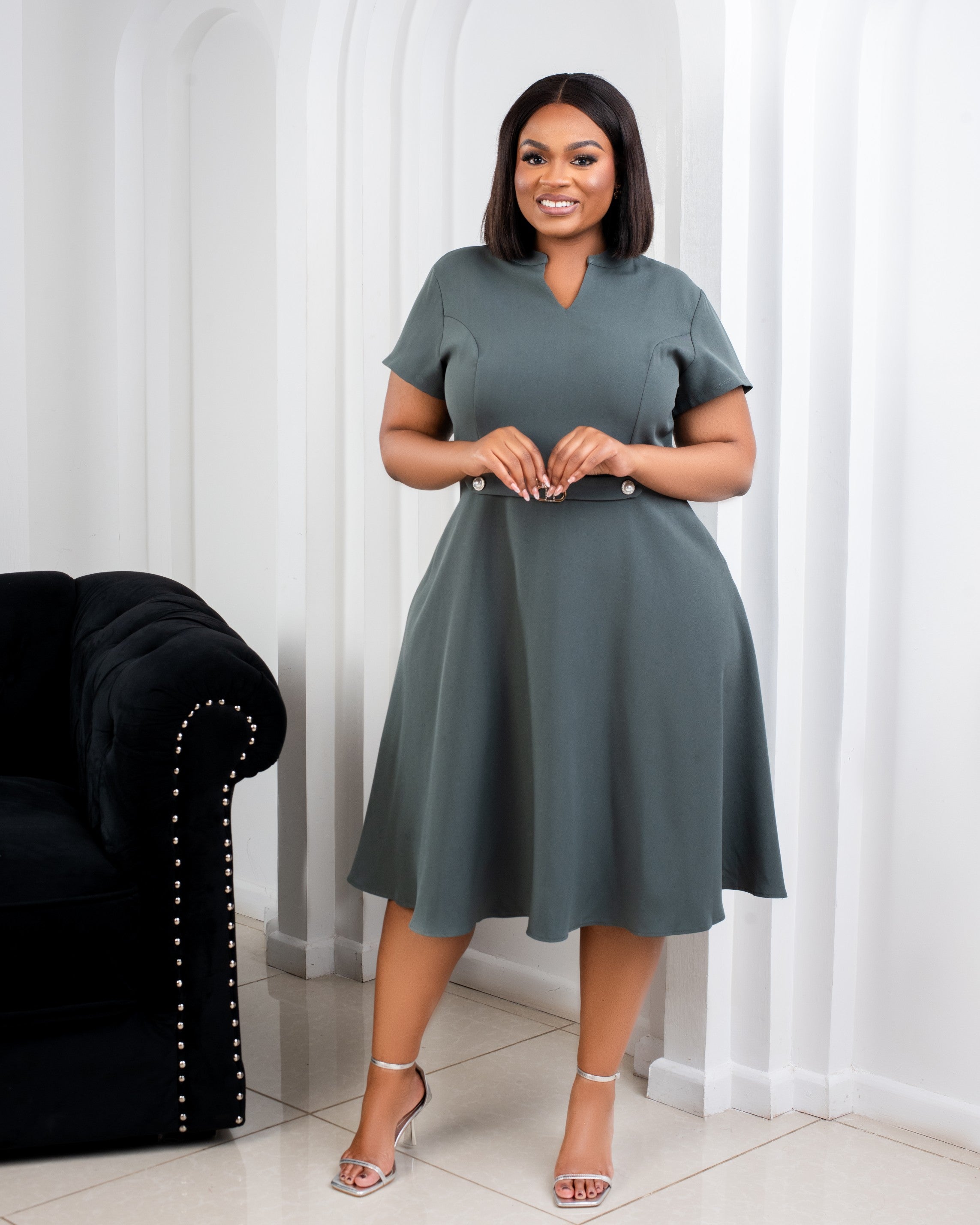 Sage Green Skater Dress with High Neckline – Elegant & Playful