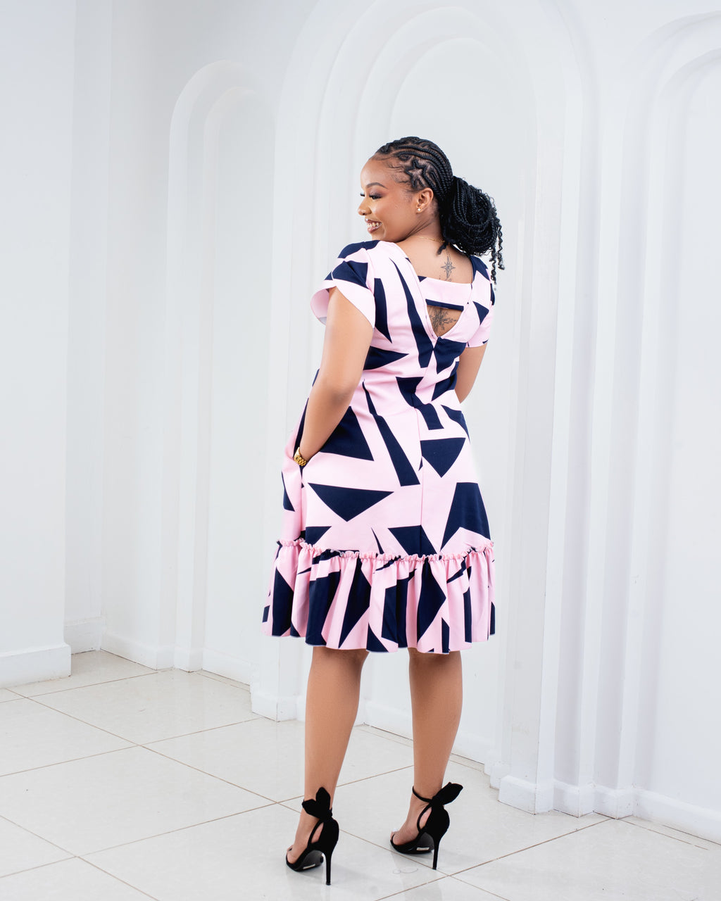 Pink Pattern ruffle hem shift dress-plus size