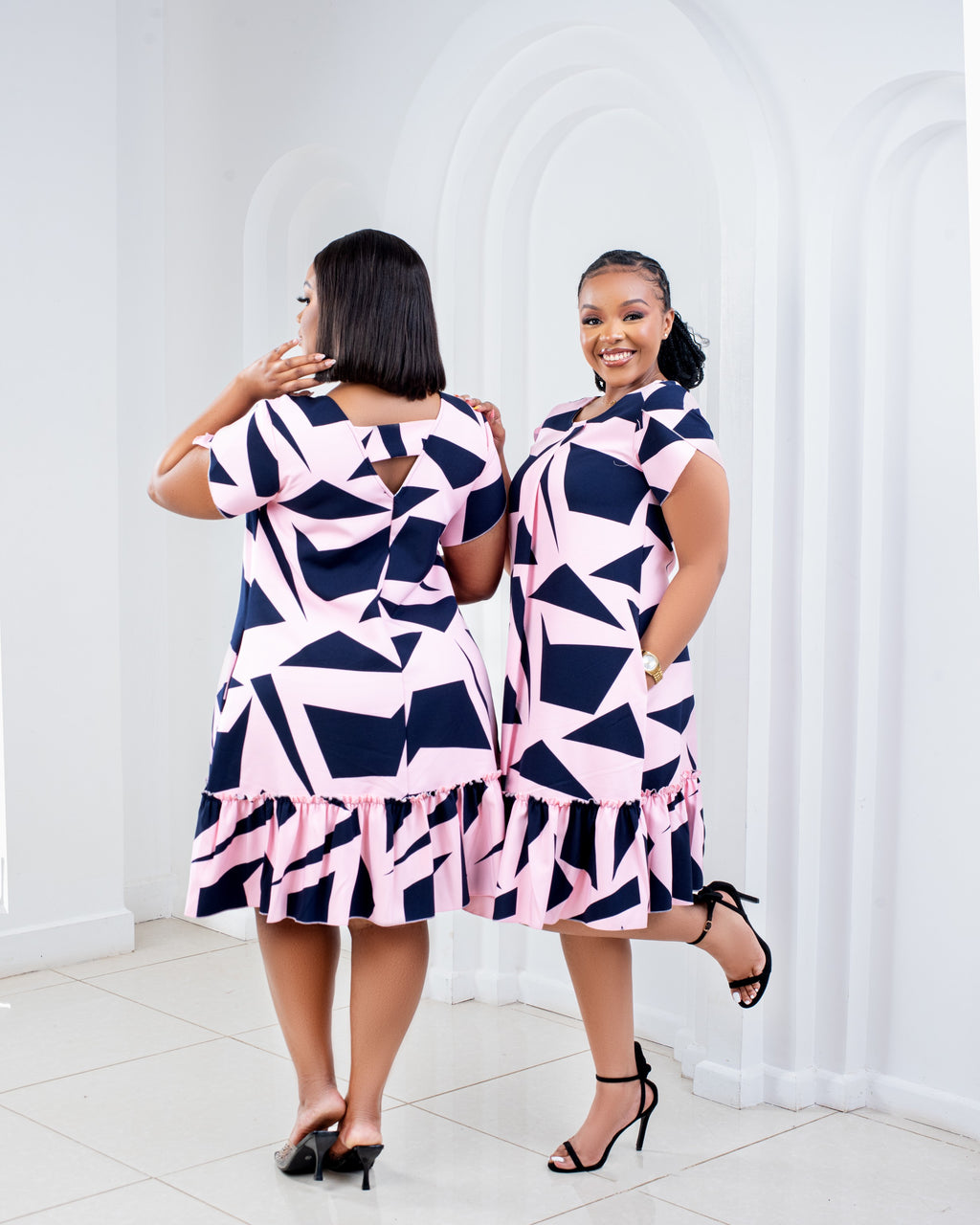 Pink Pattern ruffle hem shift dress-plus size