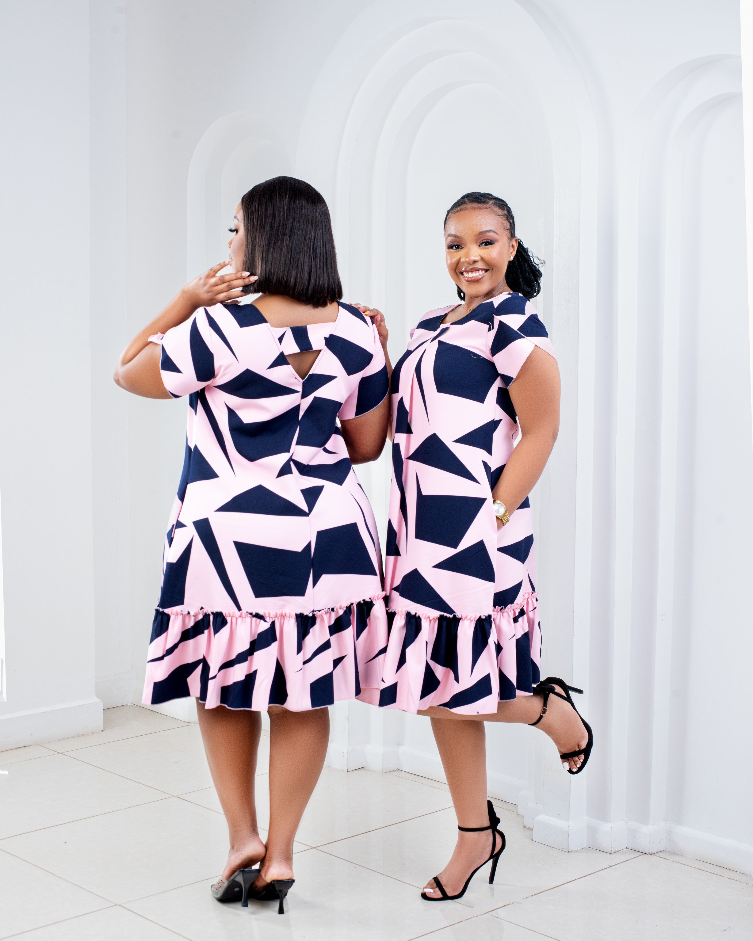 Pink Pattern ruffle hem shift dress-plus size