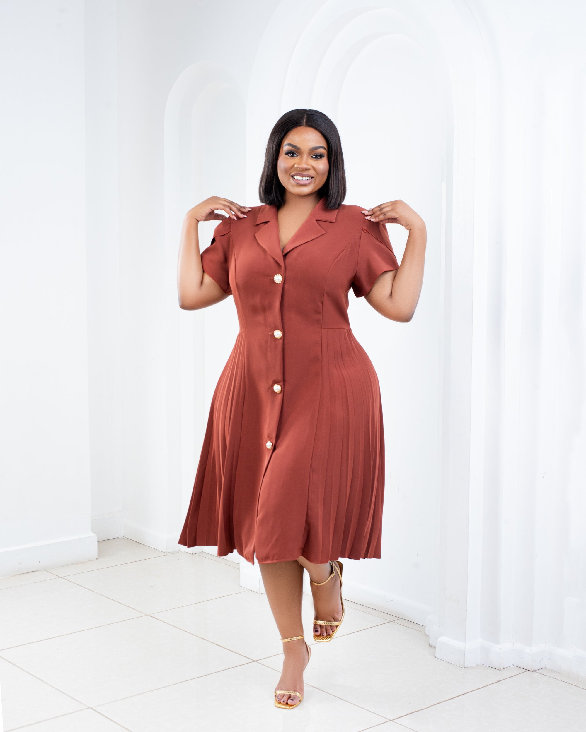 Pleated Rust Front Buttons Detail-Midi Dress