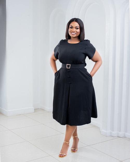 Black Plus Size Skater Dress with Belt & Button Waist Detail
