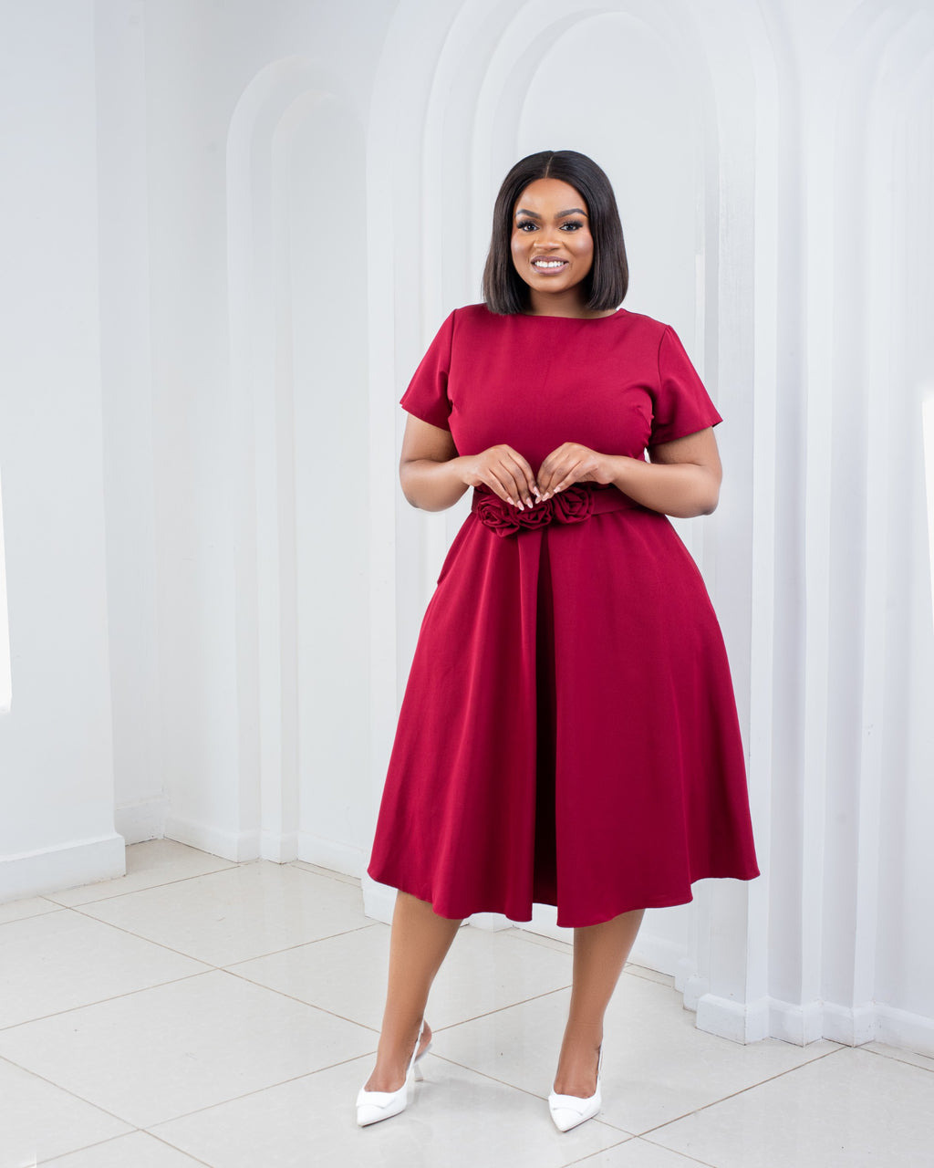 Fit and flare Skater Midi dress with Rosette belt