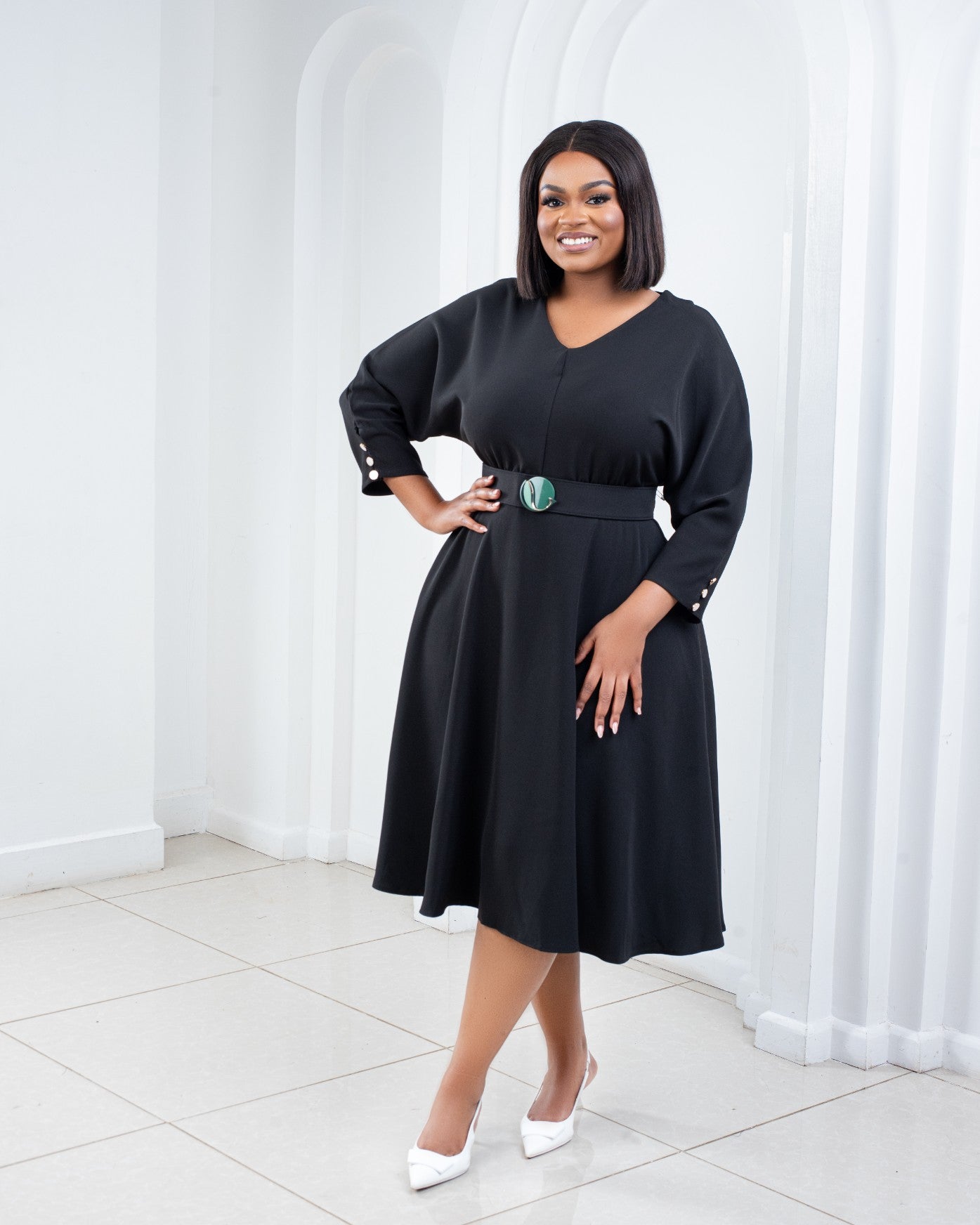 Elegant Black Belted Midi Dress with Button sleeve detail