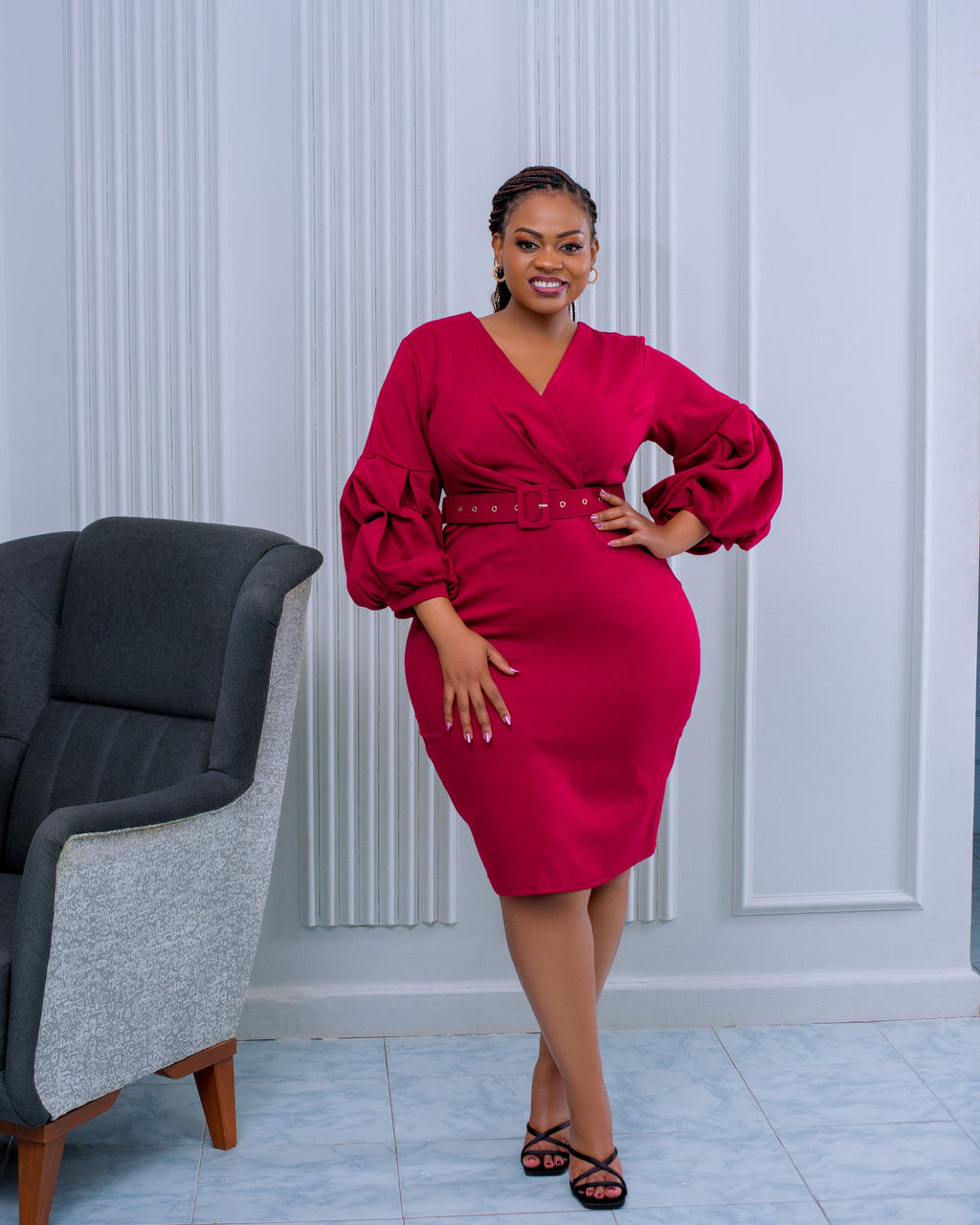 Navy blue Wrap Belted Dress with Balloon Sleeves