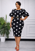 Plus Size Black & White Polka Dot Midi Pencil Dress with Puff Sleeves – Chic & Timeless
