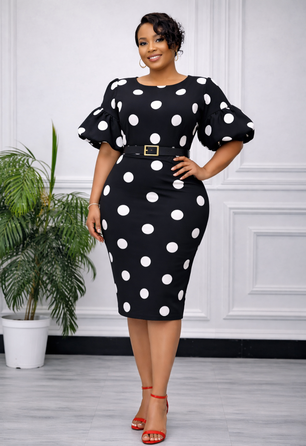 Plus Size Black & White Polka Dot Midi Pencil Dress with Puff Sleeves – Chic & Timeless