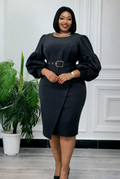 Elegant Puff Sleeve Belted Midi Dress-Black