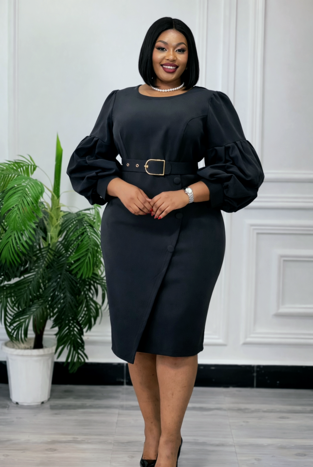 Elegant Puff Sleeve Belted Midi Dress-Black