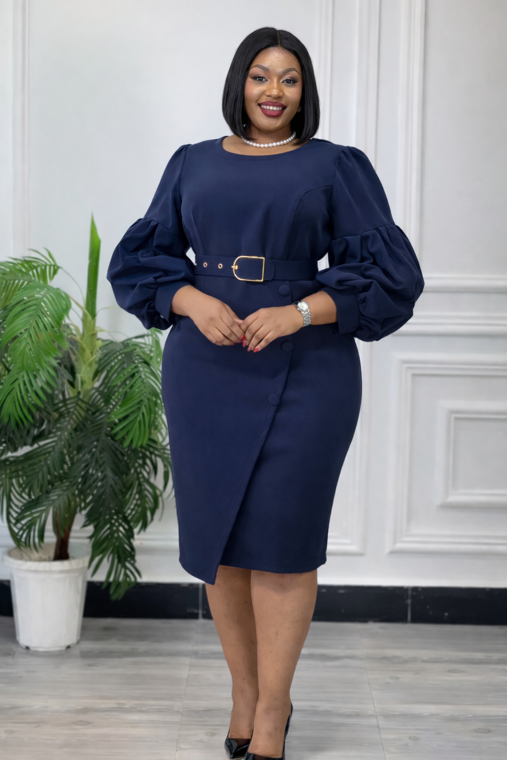 Elegant Puff Sleeve Belted Midi Dress-Navy blue